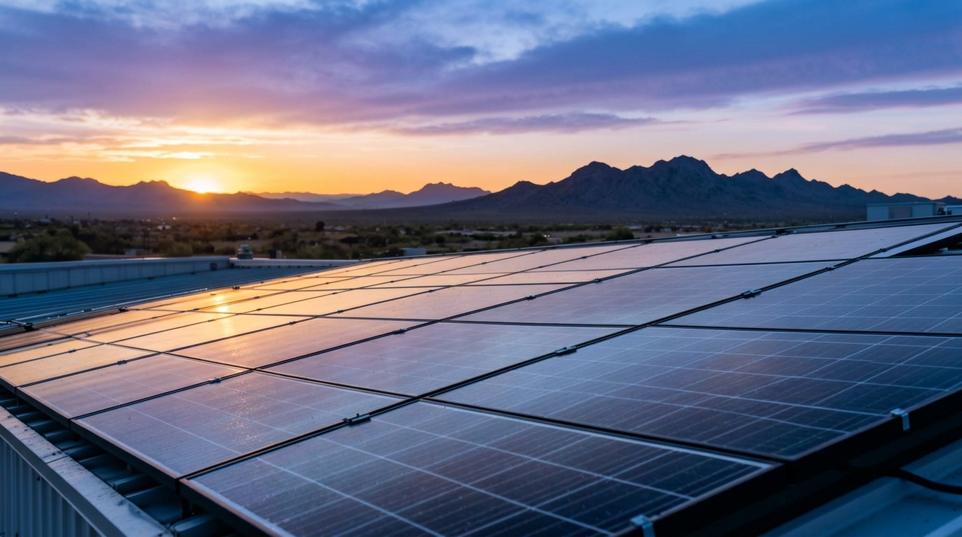 Solar panels at sunset overlooking the Arizona desert